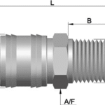 Technical drawing of Sealexcel’s stainless steel male quick connect coupler with dimensional labels for pneumatic and fluid applications