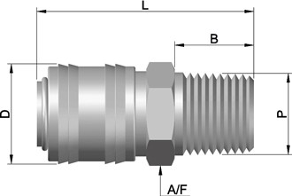 Technical drawing of Sealexcel’s stainless steel male quick connect coupler with dimensional labels for pneumatic and fluid applications
