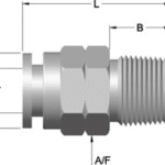 Technical diagram of Sealexcel’s stainless steel push-to-connect taper male connector with labeled dimensions for pneumatic applications
