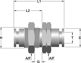  Technical illustration of a stainless steel push-in tee fitting used in pneumatic system designs