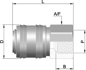 Technical illustration of Sealexcel’s stainless steel female quick connect coupler with cutaway view and dimension markings