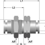 Technical drawing of Sealexcel stainless steel push-in bulkhead union fitting with dimensional labels
