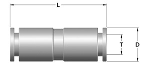 Dimensional diagram of a Sealexcel stainless steel push-in union fitting designed for seamless pneumatic tube connections