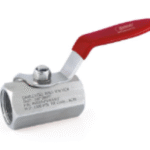 Stainless steel high-pressure ball valve from SEALEXCEL with red handle for manual shutoff in pneumatic and industrial systems